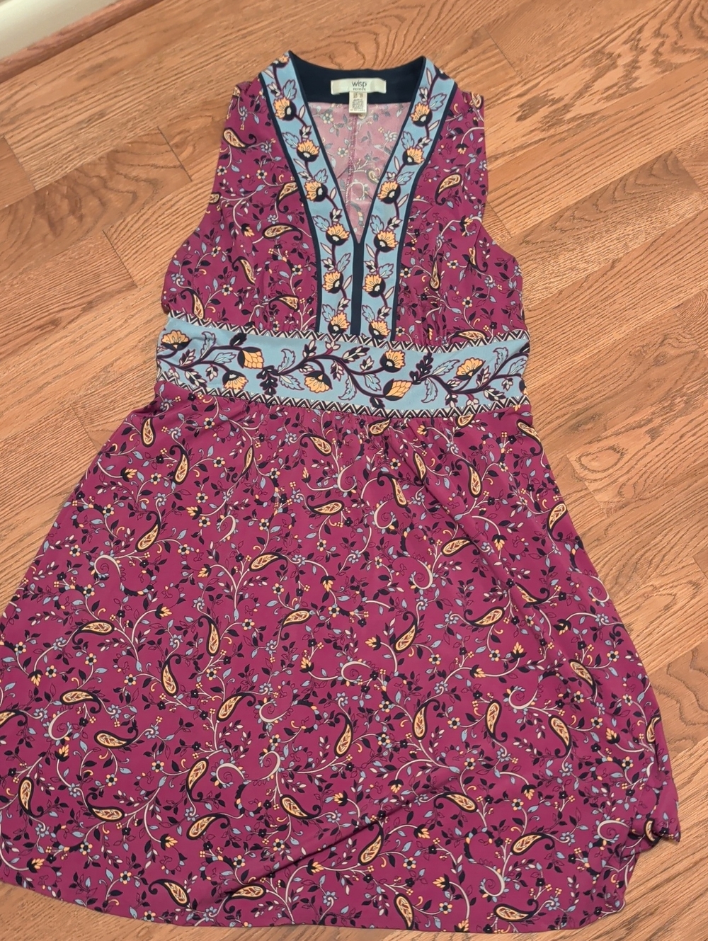 Women's Petite Large Plum Floral Dress with Light Blue Trim